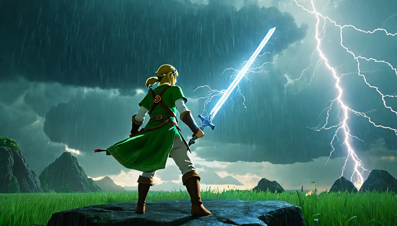 anime style, Zelda in the Triforce power, holding mythical sword, become mighty gigantic, surrounded by thunderstorm, swinging the sword, fire trail motion swing, cinematic motion, epic realism