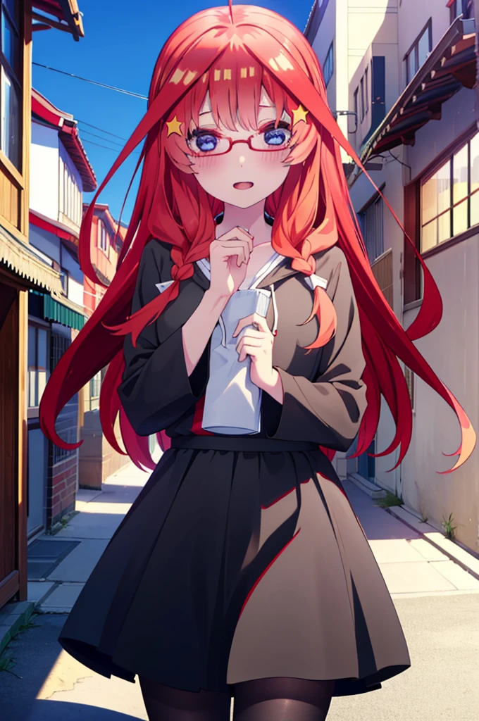 itsukinakano, itsuki nakano, bangs, blue eyes, Hair between the eyes, Ahoge, Redhead, star \(symbol\), hair ornaments, star hair ornaments,smile,blush,Open your mouth,Long braids,Red-rimmed glasses,Oversized red hoodie and long skirt,Black pantyhose,boots,Hiding in a roofed building,Daytime,Clear skies,whole bodyがイラストに入るように,
break outdoors, Alley,
break looking at viewer, whole body,
break (masterpiece:1.2), Highest quality, High resolution, unity 8k wallpaper, (figure:0.8), (Beautiful attention to detail:1.6), Highly detailed face, Perfect lighting, Highly detailed CG, (Perfect hands, Perfect Anatomy),