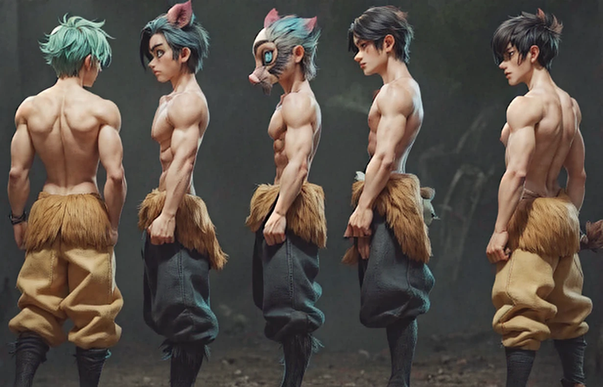 model reference sheet of anime boy, tall, inosuke_hashibira, black hair, green eyes, blue hair, multicolored hair, bangs, short hair, hair between eyes, gradient hair, mask, boar mask, front-side-back, realistic