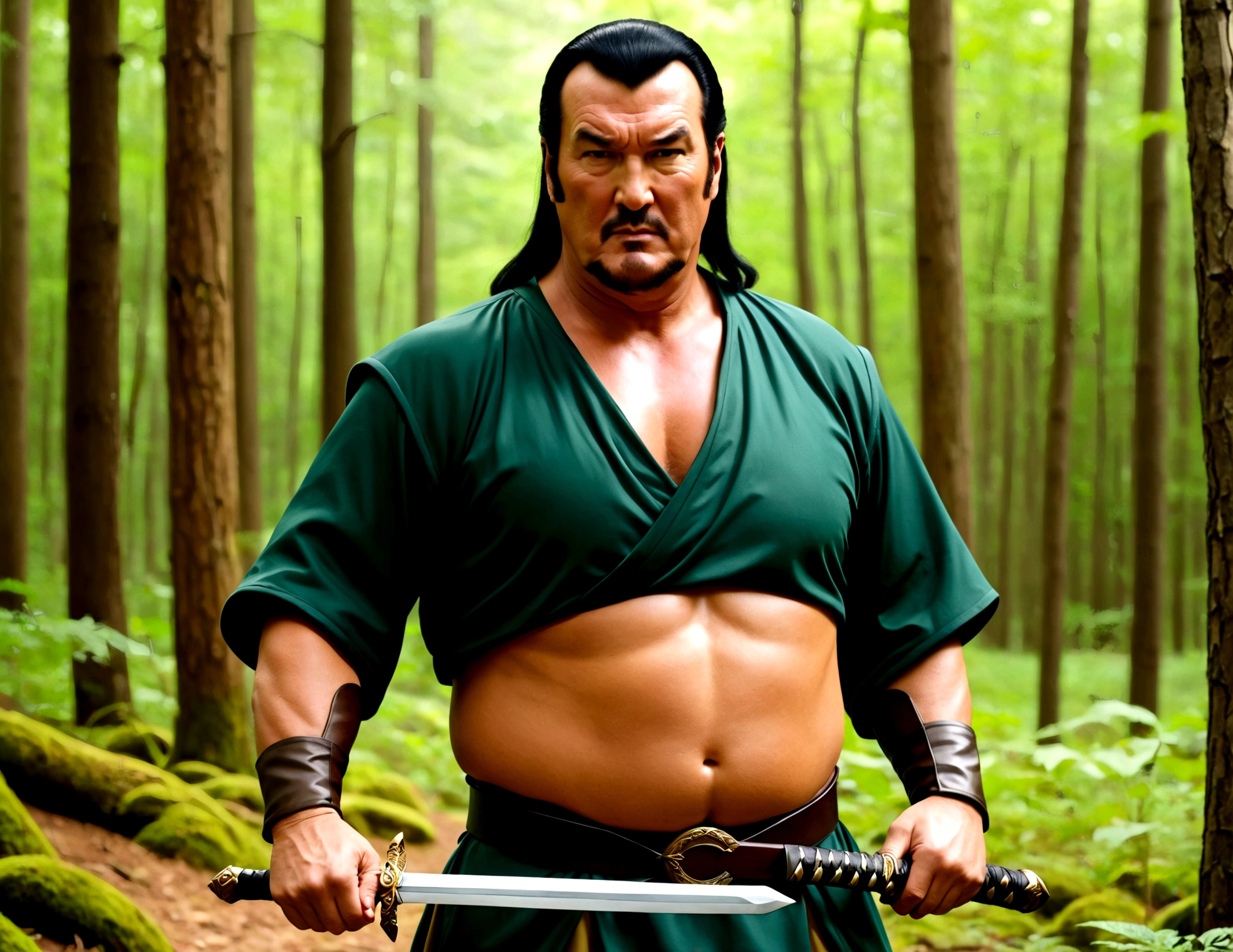 Steven Seagal (current, modern, big belly) in the role of Link (Link costume, blonde wig over black hair, wooden sword at side), akido pose, forest