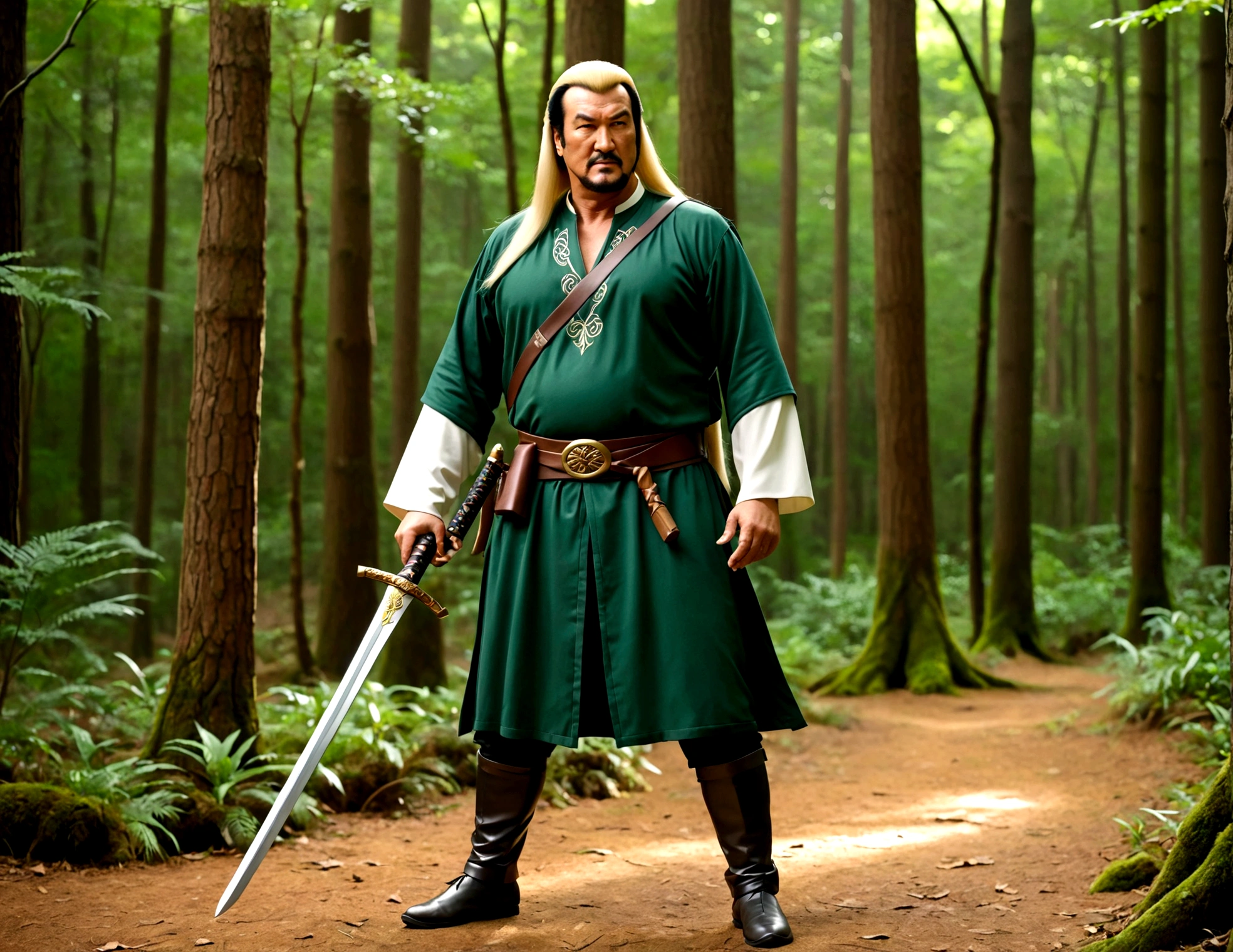 Steven Seagal (current, modern, big belly) in the role of Link (Link costume, blonde wig over black hair, wooden sword at side), akido pose, forest
