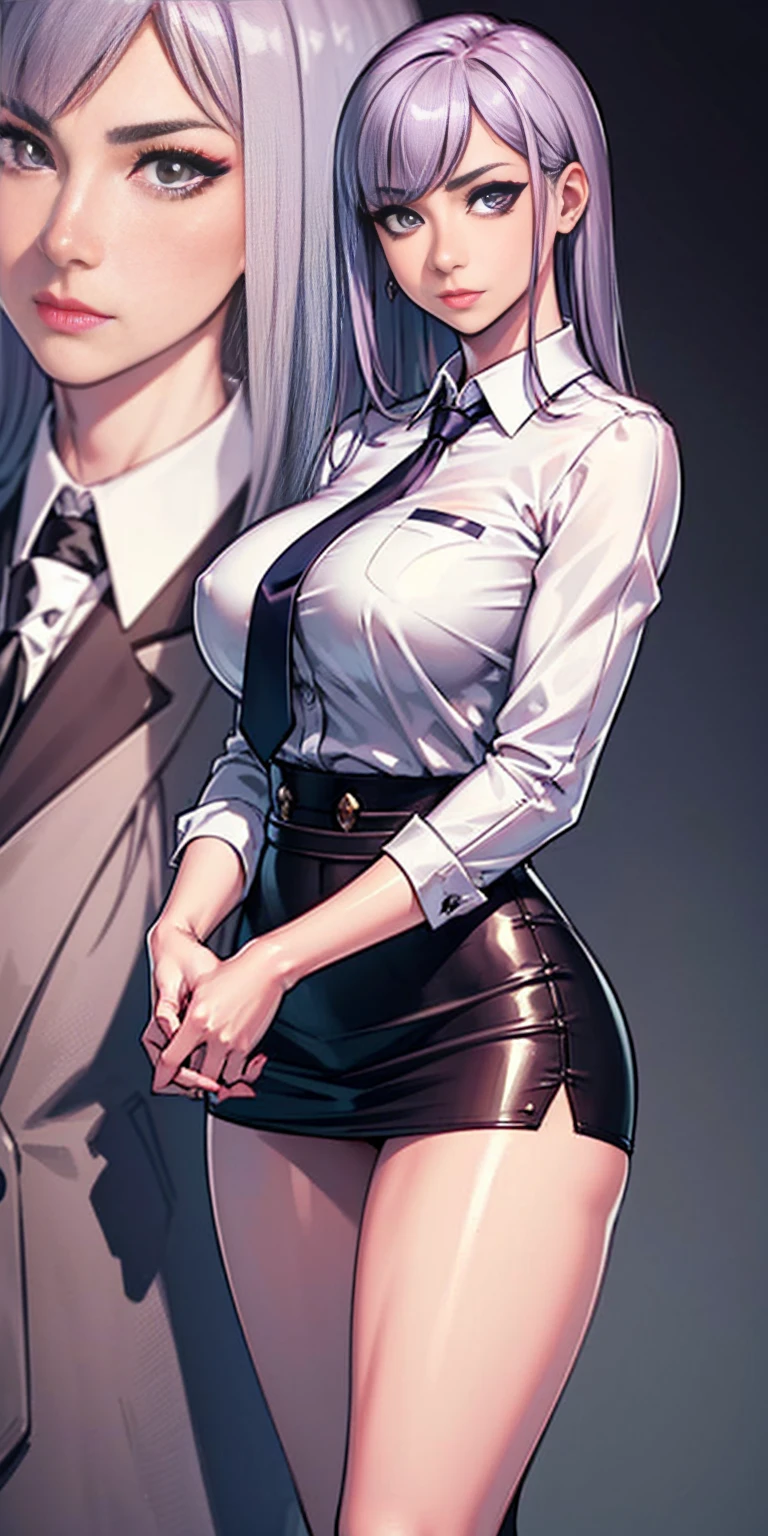 sakuyarindou768, mature female,(Wearing business outfit,formal jacket,neck tie, tie,white shirt, skirt, heels,High waist Skirt)( big perfect round breasts,hourglass body, thin waist,btpt-fc,Photo realistic, (hyperrealistic:1)beautiful, masterpiece, best quality, extremely detailed face, perfect lighting,detailed eye makeup, detail face, nice detailed eyes,nice hands, perfect hands (realistic pupils,realistic iris:1) heavy eye makeup (working at a hotel, background hotel)