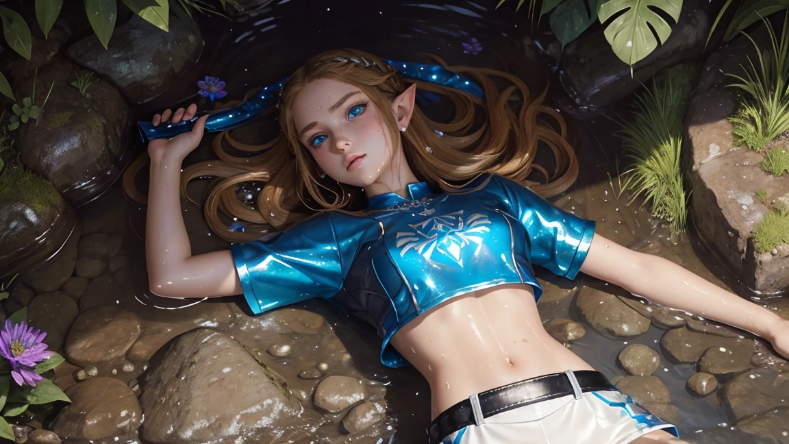masterpiece. 4k. highly detailed epic fantasy oil painting of beautiful 12 years old Princess Zelda. sparkly blue eyes, freckles. detailed stylish suit,
shiny reflective leather shorts for the summer. crop top shirt. athletic. Hyrule motif. lying on creek. sweating. rain. river. wet.
from above, eagle eye shot, far shot. wildflowers.