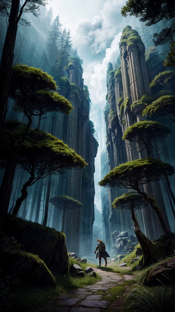 A highly detailed, masterful, cinematic illustration of Link from the Legend of Zelda series, epic fantasy adventure, dramatic lighting, volumetric fog, lush forest environment, mossy rocks, ancient ruins, beautiful detailed eyes, beautiful detailed face, intricate costume details, sword and shield, sense of wonder and exploration, cinematic composition, vibrant colors, dynamic pose, photorealistic, 8K