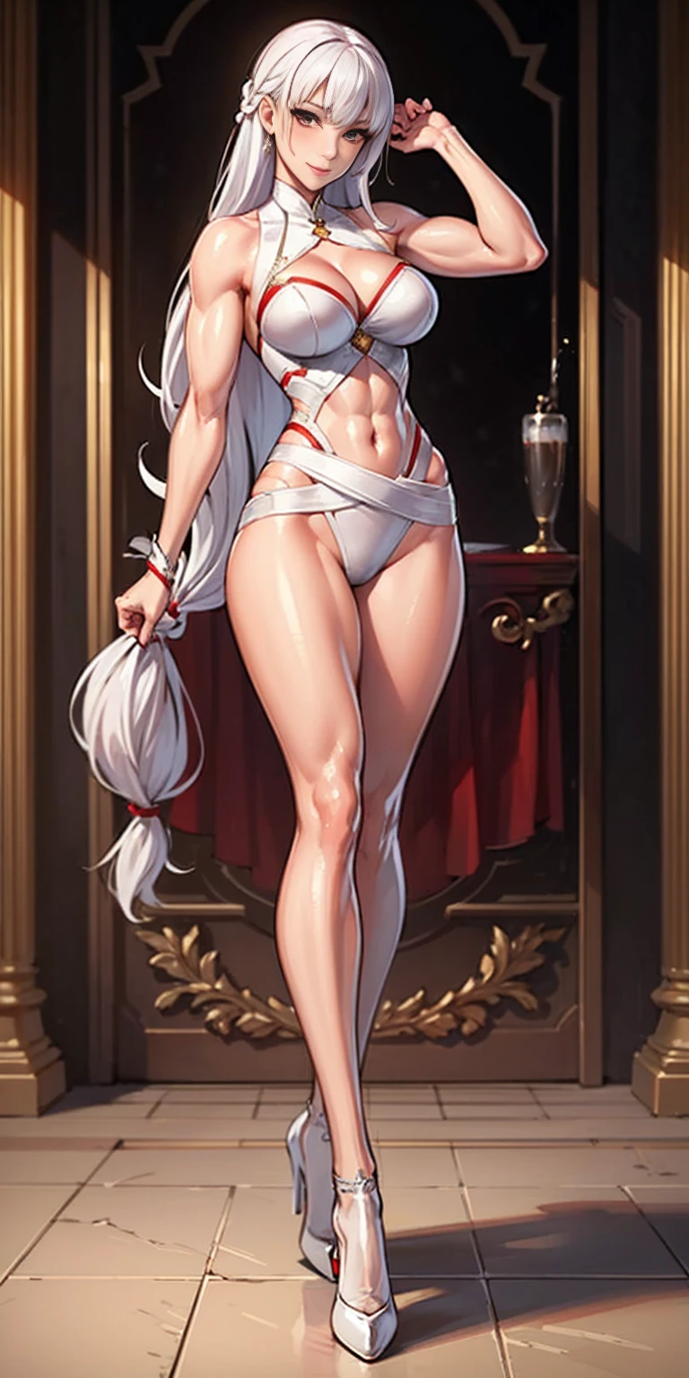 (masterpiece, best quality), intricate details, 1girl, Bridesmaid Muscular full body woman White hair White braid Motherly body smile Porcelain skin Red heels with feet together Long hair Hands on waist Navel Strong abs Direct look Perfect lighting Masterpiece High quality