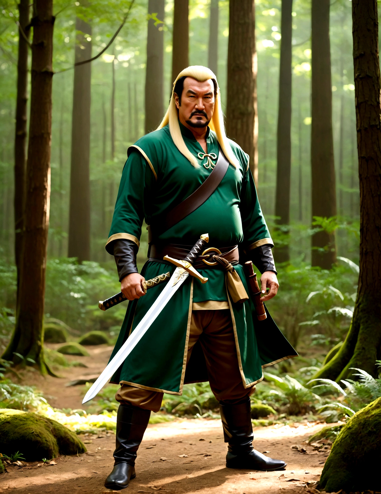 Steven Seagal (current, modern, big belly) in the role of Link (Link costume, blonde wig over black hair, wooden sword at side), akido pose, forest
