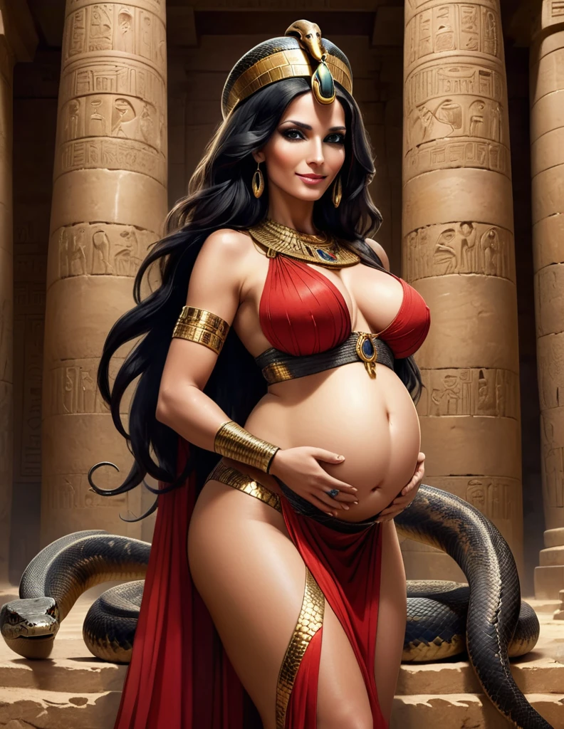 elegant fertility goddess,queen of egypt,mature woman,pregnant with octuplet snakes,egyptian fertility goddess with snake skin,sexy,maternal figure,ancient egypt,large breasts,egyptian temple,red and sand colored dress,form-fitting,translucent clothing,long straight black hair,adorned with jewelry,pregnant with quintuplets,swollen breasts lactating,visible snake teeth,smiling,golden eyes,reptilian pupils,snake woman,gorgon,dramatic gothic dominatrix,snake scale skin on legs arms torso face,mysterious ancient egyptian temple,intense gaze,cinematic dramatic lighting,supernatural 8k scene,breathtaking beauty and depth