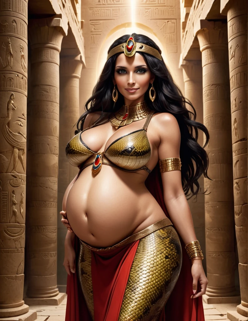 elegant fertility goddess,queen of egypt,mature woman,pregnant with octuplet snakes,egyptian fertility goddess with snake skin,sexy,maternal figure,ancient egypt,large breasts,egyptian temple,red and sand colored dress,form-fitting,translucent clothing,long straight black hair,adorned with jewelry,pregnant with quintuplets,swollen breasts lactating,visible snake teeth,smiling,golden eyes,reptilian pupils,snake woman,gorgon,dramatic gothic dominatrix,snake scale skin on legs arms torso face,mysterious ancient egyptian temple,intense gaze,cinematic dramatic lighting,supernatural 8k scene,breathtaking beauty and depth