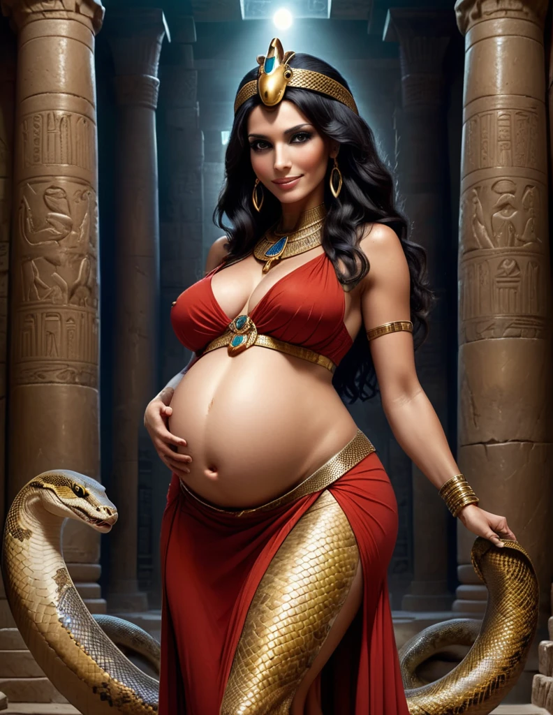 elegant fertility goddess,queen of egypt,mature woman,pregnant with octuplet snakes,egyptian fertility goddess with snake skin,sexy,maternal figure,ancient egypt,large breasts,egyptian temple,red and sand colored dress,form-fitting,translucent clothing,long straight black hair,adorned with jewelry,pregnant with quintuplets,swollen breasts lactating,visible snake teeth,smiling,golden eyes,reptilian pupils,snake woman,gorgon,dramatic gothic dominatrix,snake scale skin on legs arms torso face,mysterious ancient egyptian temple,intense gaze,cinematic dramatic lighting,supernatural 8k scene,breathtaking beauty and depth