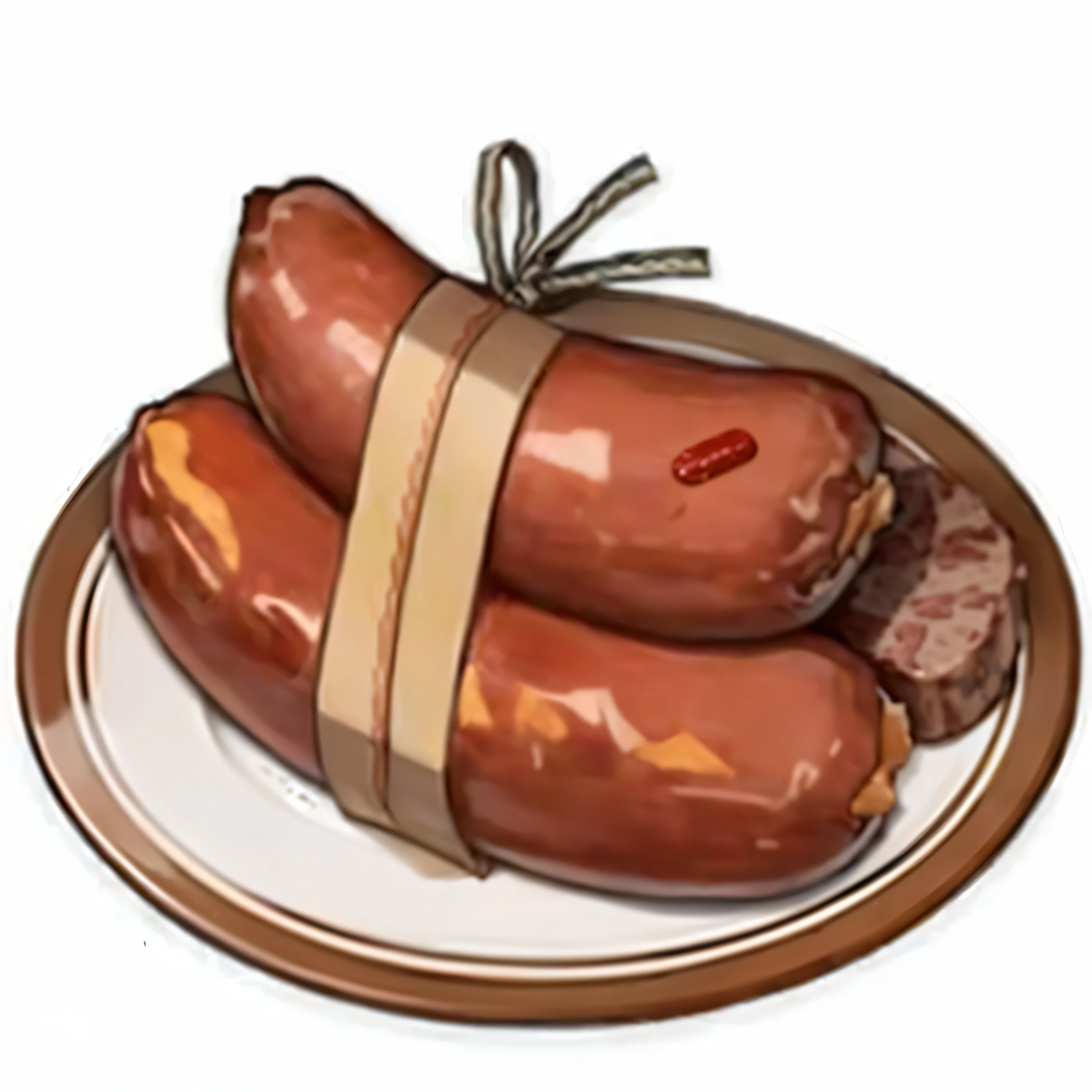 there is a plate of sausages wrapped in a brown ribbon, sausage, sausages, anonymous as a sausage, chorizo sausage, sausage hair, salami, sausage, hot dog, meaty, meat, hot dog, beans, Italian spicy sausage, 熏meat, Clay, lunchmeat, herb, Shogakukan, Kusanagi, Potato, unknown, cigar, chocolate