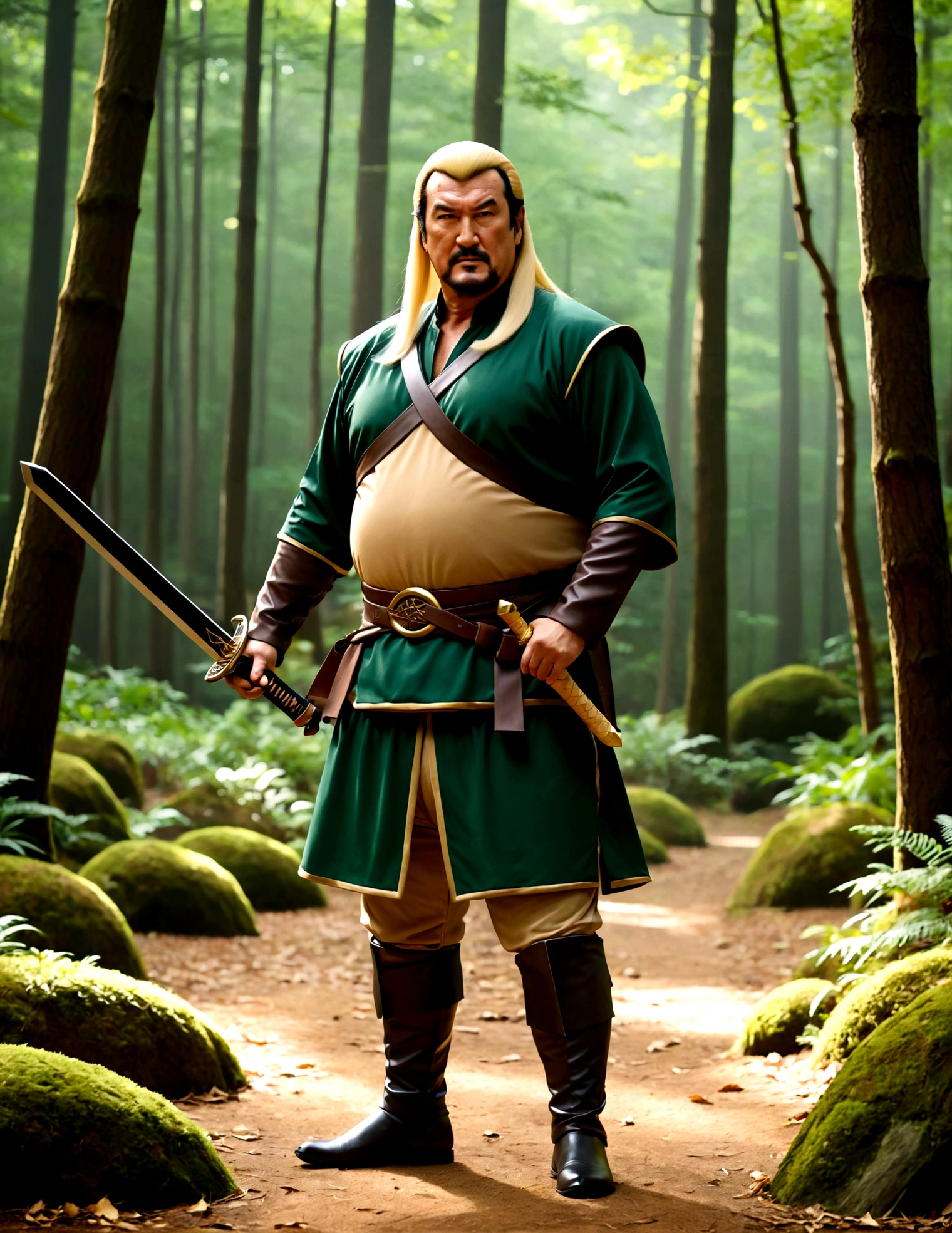 Steven Seagal (current, modern, big belly) in the role of Link (Link costume, blonde wig over black hair, wooden sword at side), akido pose, forest
