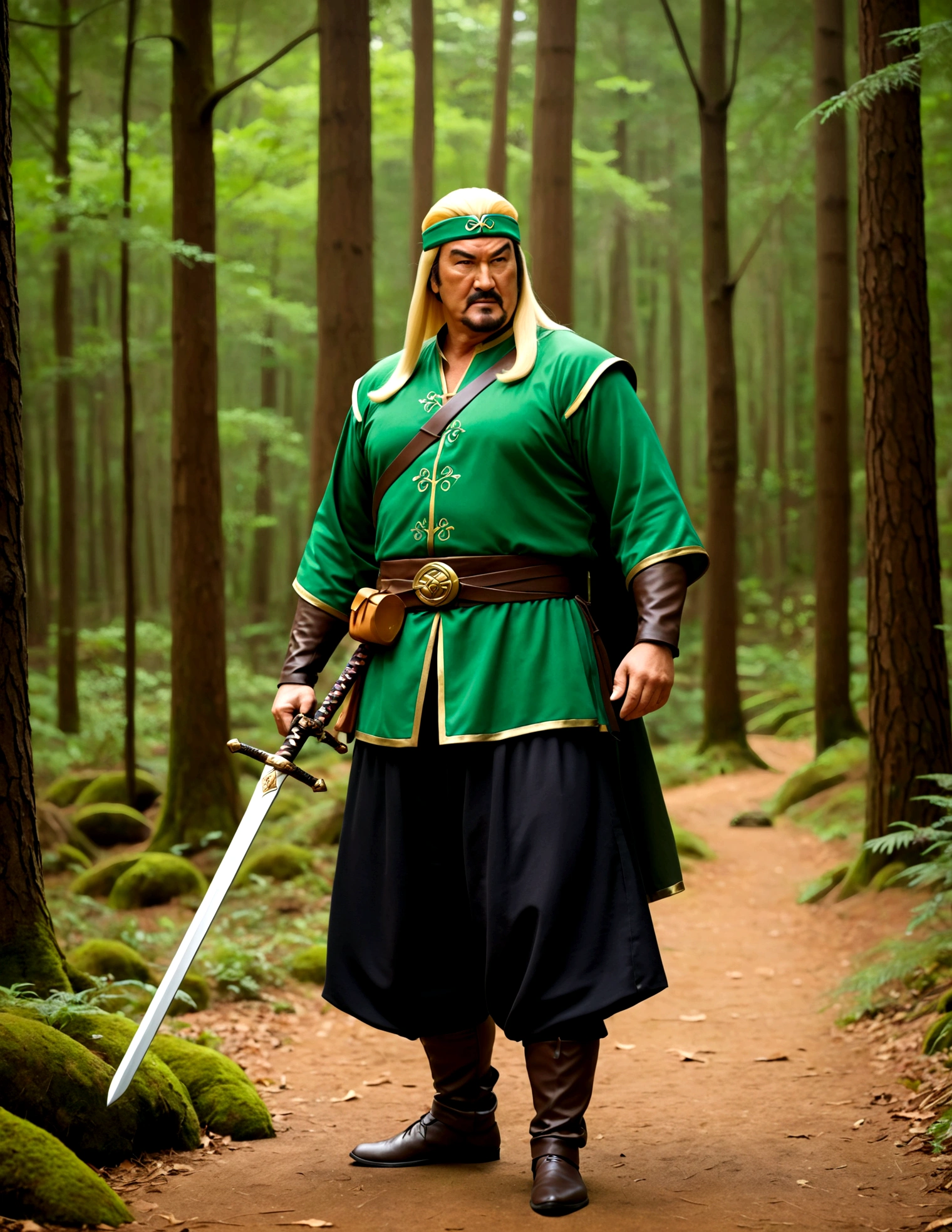 Steven Seagal (current, modern, big belly) in the role of Link (Link costume, blonde wig over black hair, wooden sword at side), akido pose, forest