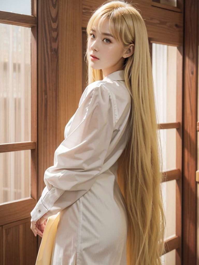 Master piece detail、 32k ultra-detailed,  Gorgeous adult woman wearing white shirt, long blonde hair and bang,huge bearsts,show bearsts,  soft light, high quality, 4k resolution