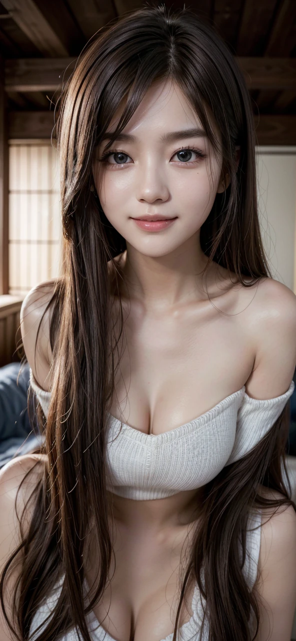  (8K, Photorealistic, RAW photograph, Superior image quality: 1.4), High school girls in Japan、chest neckline:1.2、super detailed face、Eye of detail、double eyelid、Bring your chest together、sharp focus:1.2、beautfull woman:1.4、chestnut hair、maximum quality、Masterpiece artwork、超High resolution、Highly detailed and professional lighting smile、Loose and light knits、Shoulder out、苗条、serious facial expression、long hair 、Fatal position, piercing look, very sexy