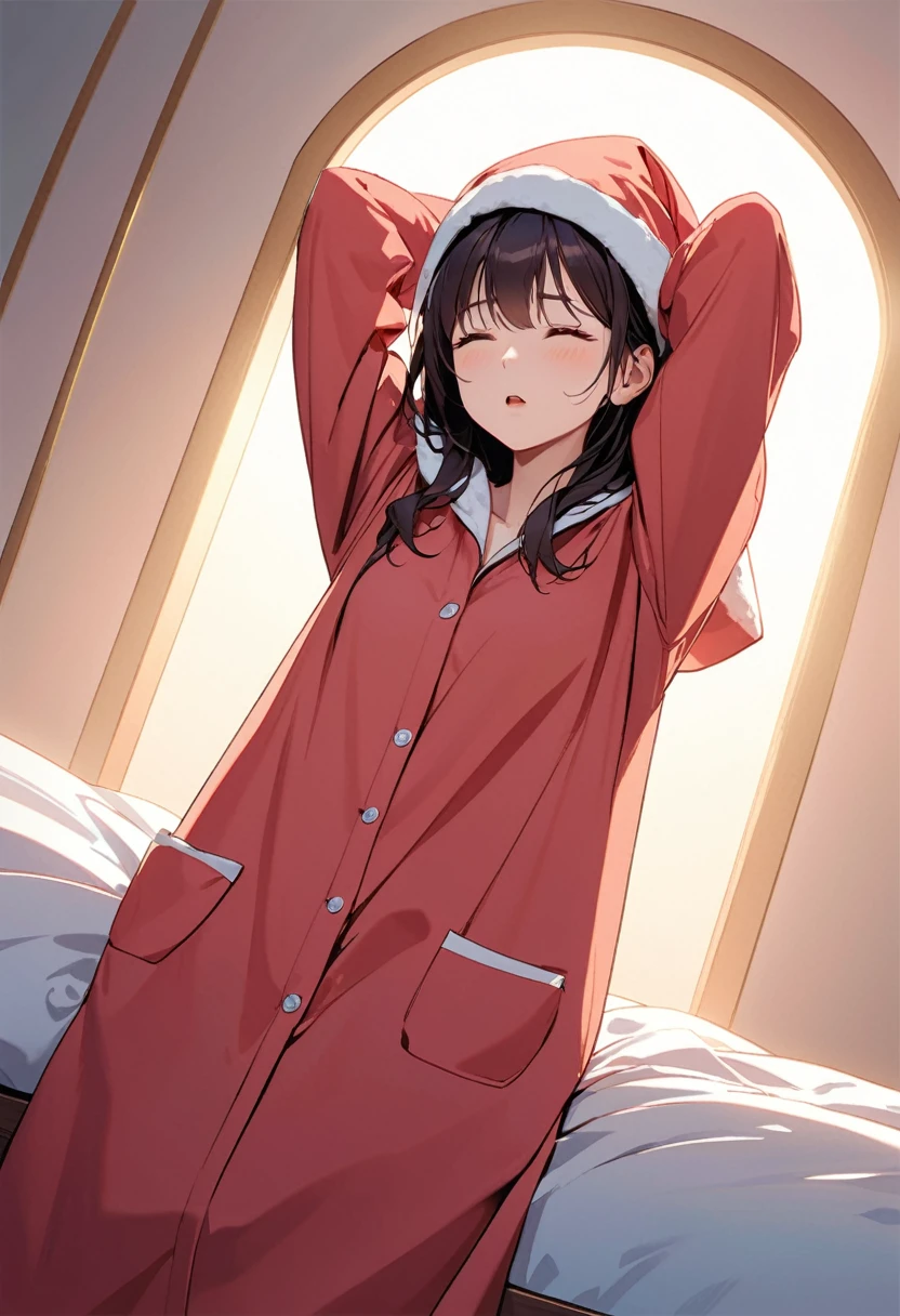 detailed illustration, (front view), (side view),dynamic angle, ultra-detailed, illustration, clean line art, shading, anime, detailed eyes, detailed face, beautiful face, dramatic lighting, detailed illustration, dynamic angle, ultra-detailed, illustration, (single woman: 1.8), masterpiece, masterwork, beautiful, (1 woman:1.8),
Woman, waking up, in a tight lacy bra, lace panties, long flowing hair , stretching arms, yawning, eyes wide open, fabric exploding off, large breasts, narrow waist, wide hips, thick thighs,