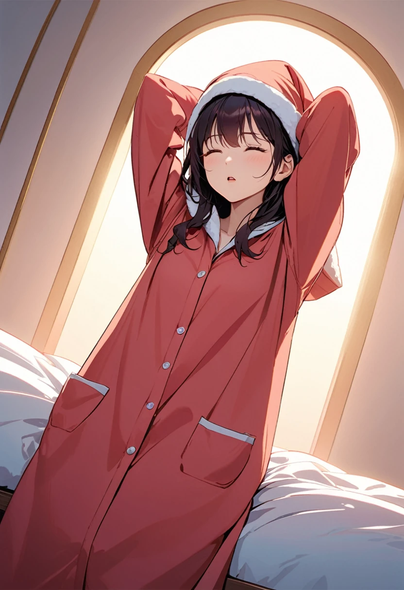 detailed illustration, (front view), (side view),dynamic angle, ultra-detailed, illustration, clean line art, shading, anime, detailed eyes, detailed face, beautiful face, dramatic lighting, detailed illustration, dynamic angle, ultra-detailed, illustration, (single woman: 1.8), masterpiece, masterwork, beautiful, (1 woman:1.8),
Woman, waking up, in a tight lacy bra, lace panties, long flowing hair , stretching arms, yawning, eyes wide open, fabric exploding off, large breasts, narrow waist, wide hips, thick thighs,