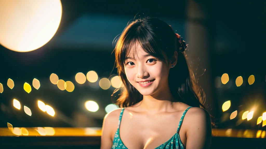 A very cute face like an idol、One 20-year-old woman with a youthful appearance、Smile a little、(Cleavage)、((Beautiful starry sky at night))、(((F/1.0mm, fujifilm G FUX50R, In Reg)))、((Very dim lighting))、((Long-distance shot))、RAW Photos、Genuine、live-action、(Artistic Expression)、High resolution、masterpiece