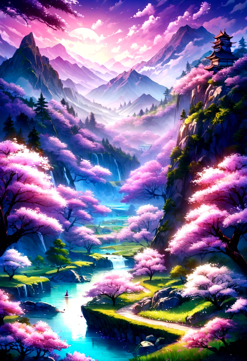 (High detail: 1.2), Beautiful Nature, river, Floating cherry blossoms, Vibrant colors, Beautiful Landscape, wood, Mountain in the background, haze, Aquamarine and deep purple sky, Spirit Blossom \(theme\), Complex, elegant, Fantasy, Super detailed, Landscape painting, Highest quality, 8K Ultra HD.Cherry tree in full bloom