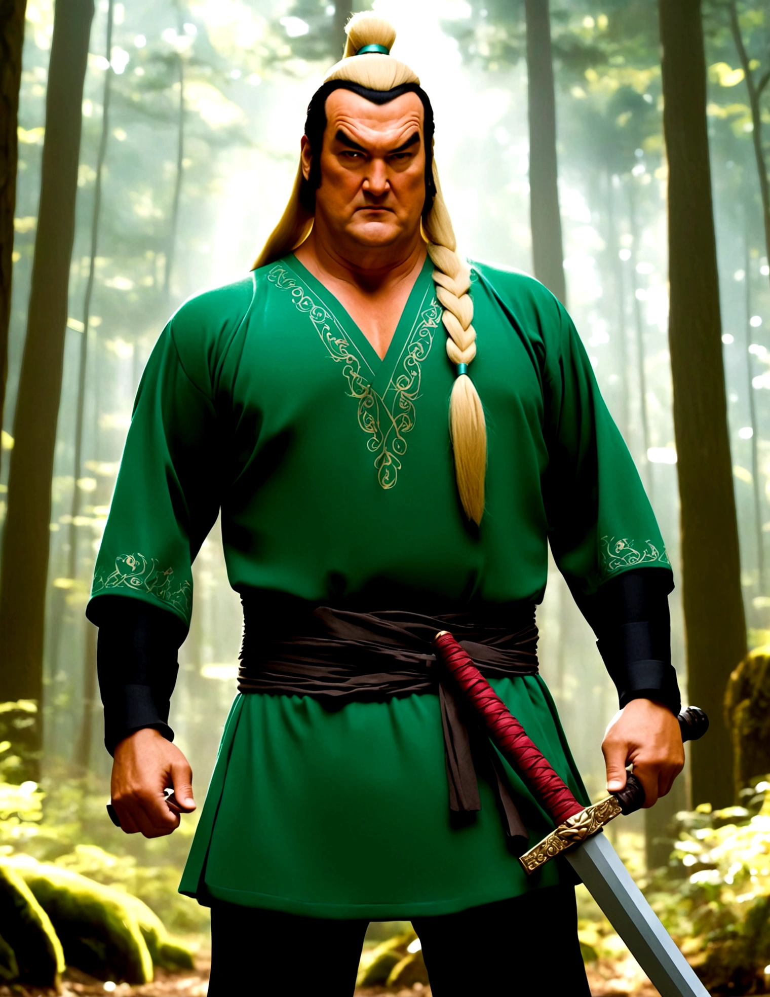 Steven Seagal (current, modern, big belly) in the role of Link (Link costume, blonde wig over black hair, wooden sword at side), akido pose, forest
