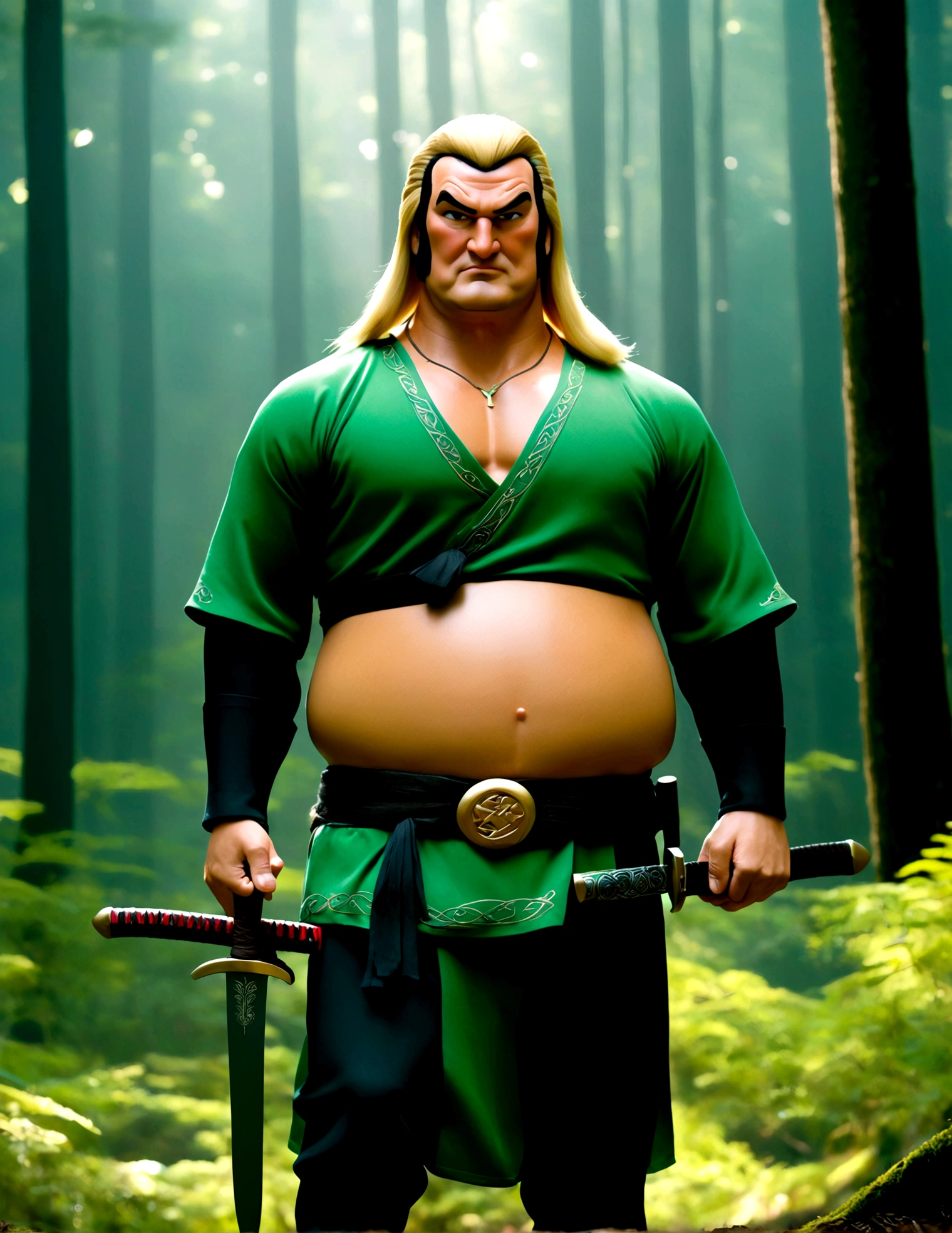 Steven Seagal (current, modern, big belly) in the role of Link (Link costume, blonde wig over black hair, wooden sword at side), akido pose, forest