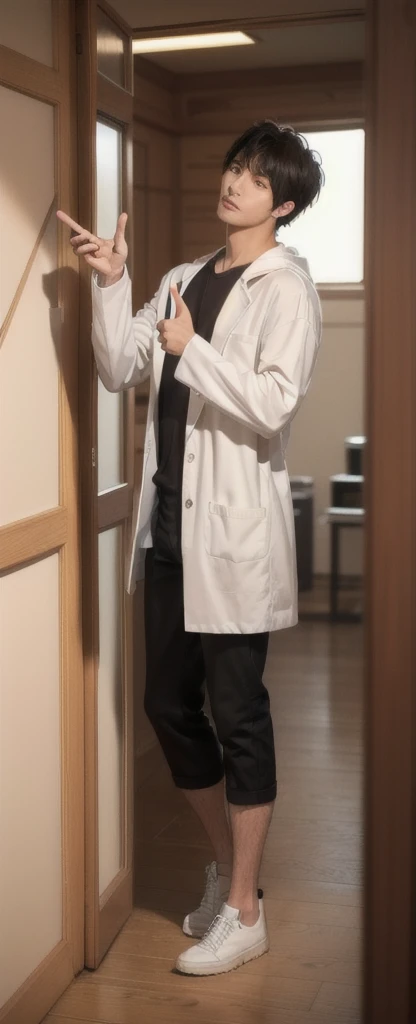 (photorealistic:1.2), (high detail face:1.3), (high detail hands:1.3), (anatomically correct hands:1.2), handsome young asian man, Japanese idol style, short clean-cut hair, ((center part)), white lab coat, black hoodie underneath, calm confident expression, (holding a product in right hand:1.3), (pointing with left index finger:1.3), explaining pose, plain white background, mid-shot portrait, high quality, detailed, 8K, (realistic skin texture:1.2), (sharp focus:1.1)