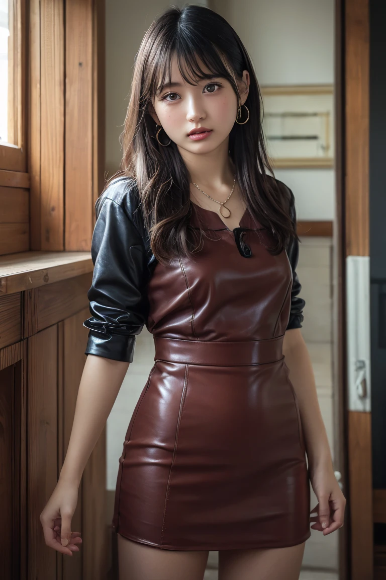(Highest quality:1.4)，(masterpiece:1.4)，(Realistic:1.4)，(Realistic:1.2)，(超High resolution， RAW Photos:1.4)，(High resolution， Ultra-detailed:1.2)，(8K:1.2)，View your viewers，Cinematic photography，One girl，skeletally correct，Black-haired woman，(Small earrings，necklace，A wine-red leather dress that fits perfectly to the body，Long skirt，Beautiful body lines)，（Western-style building interior，Dimly lit room，The lamplight shines on my cheeks）