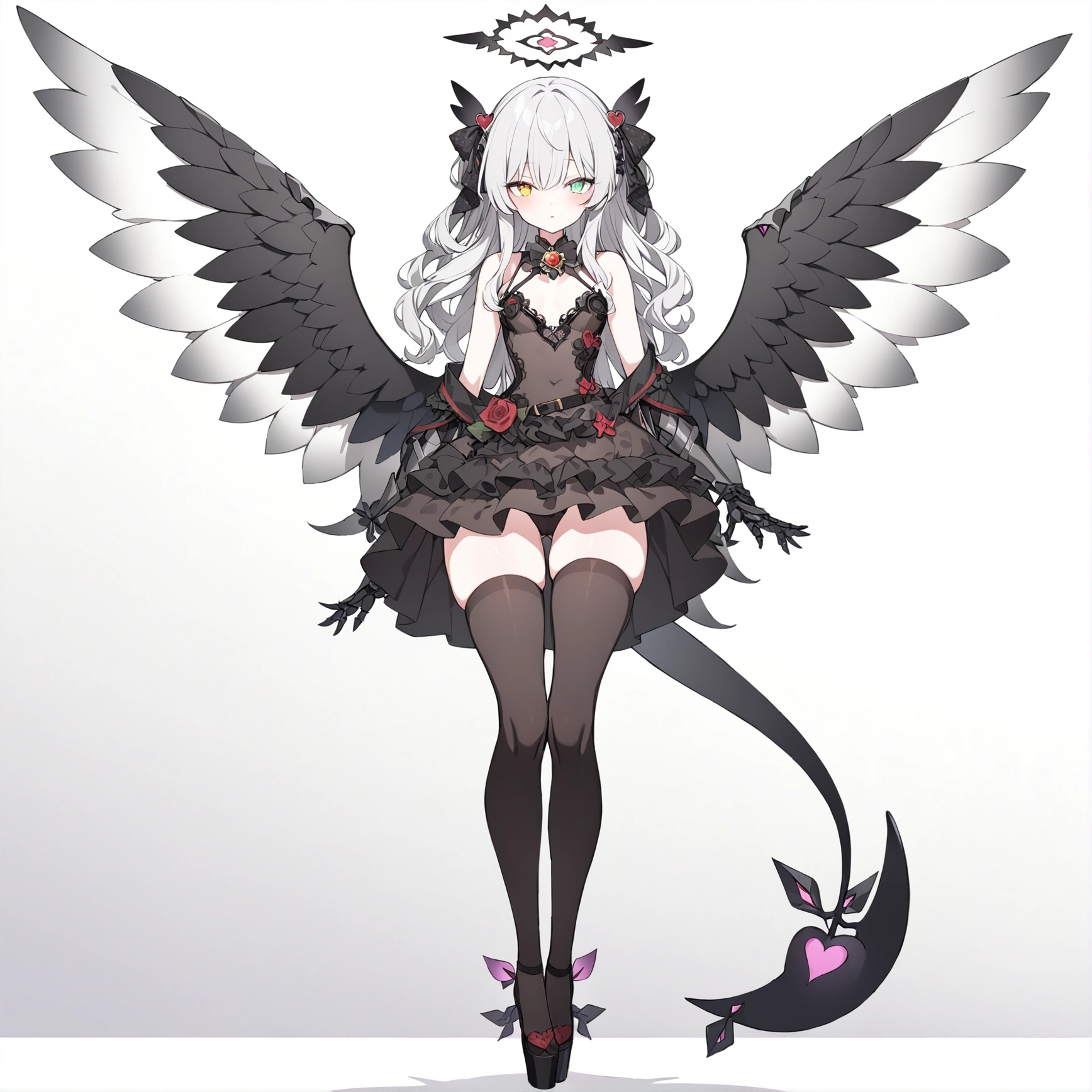 woman 160 cm tall, slim build. (character design sheet: front view). Long Wavy Gray Hair with Knee Length Curls. (heterochromia: one light green eye and one amber eye). she has little ribbons in her hair, rose-shaped brooch on the right side of the hair. extremely detailed face, small face, Beautiful detailed eyes, beautiful detailed lips. adorable, extremely detailed legs, (Best Quality, 4k, 8k, high resolution), ultra detailed, Exquisite and epic character art.... Black high stockings with gold star print.... Black platform heels, Intricate One Piece Low Waist Ruffle Lace Dress.. It has complex mechanical arms that reach up to the forearm., black with small red thorn patterns.... dark gray belt at the waist with a small blue crescent, black necklace on the neck with rose-shaped decoration. He has small angel wings on his back that are dark blue and black..... It has a detailed succubus tail that ends in a heart shape. Wide hips. Wears a luminous gray and black halo with rose patterns.... (small chest size). beautiful detailed wings. beautiful detailed hair, beautiful detailed dress. extremely detailed arms.