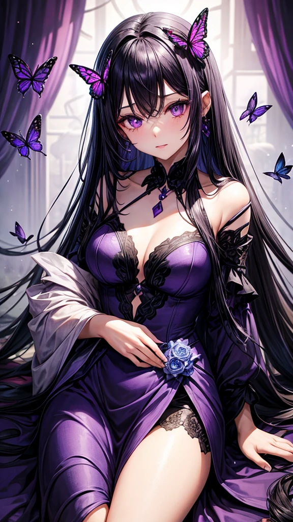 One with long black hair and purple tips, purples eyes, a stunning purple dress and several butterflies around it