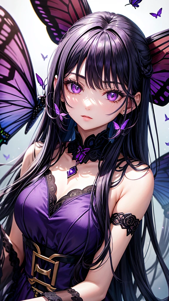 One with long black hair and purple tips, purples eyes, a stunning purple dress and several butterflies around it