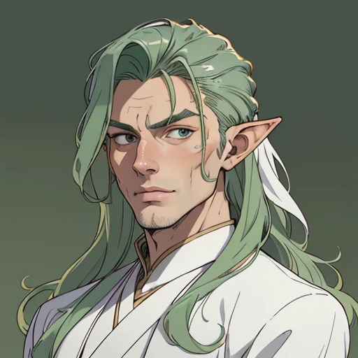 (masterpiece), (best quality),(portrait),(bust up),1boy,solo,(sharp focus),((look at viewer)),elf,(0rlbl0) ,green hair,long hair,wavy hair,adult, (ancient:1),ancient luxurious long clothes,old school fantasy art,((simple background)),super shiny face,Ultra Glossy Skin,white outfit,slicked back hair,smug