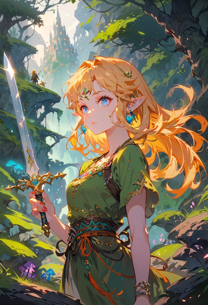 (Zelda:1.2),A fantasy landscape, a girl with long golden hair, striking blue eyes, detailed facial features, Exquisite makeup,The cutest girl in the world,close_up,(The Legend of Zelda:1.2),wearing a green tunic, holding a sword, walking through a peaceful forest, sunlight filtering through the trees, magical glowing mushrooms, ancient ruins in the background, vibrant colors, cinematic lighting, intricate details, (best quality,4K,8K,highres,masterpiece:1.2),ultra-detailed,fantasy,adventure,concept art