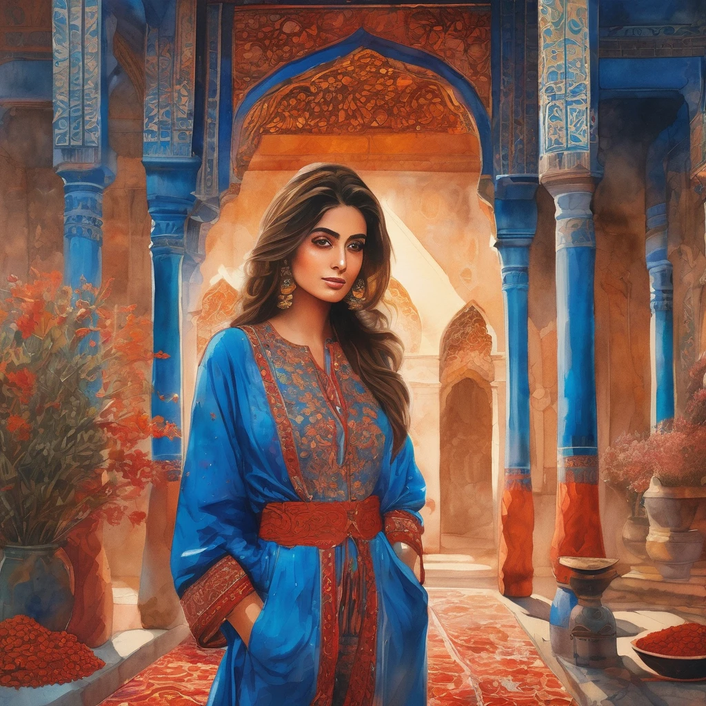 landscape captivating cinematic watercolor, a persian girl dressed in blue silk, holding a bunch of red spice in her hands, looking to the camera, mica powder of earthy colors exploding in the scene, intrincated masterpiece, vivid colors, warm lighting, detailed persian architecture, intricate patterns, ornate fabrics, atmospheric haze, golden hour,