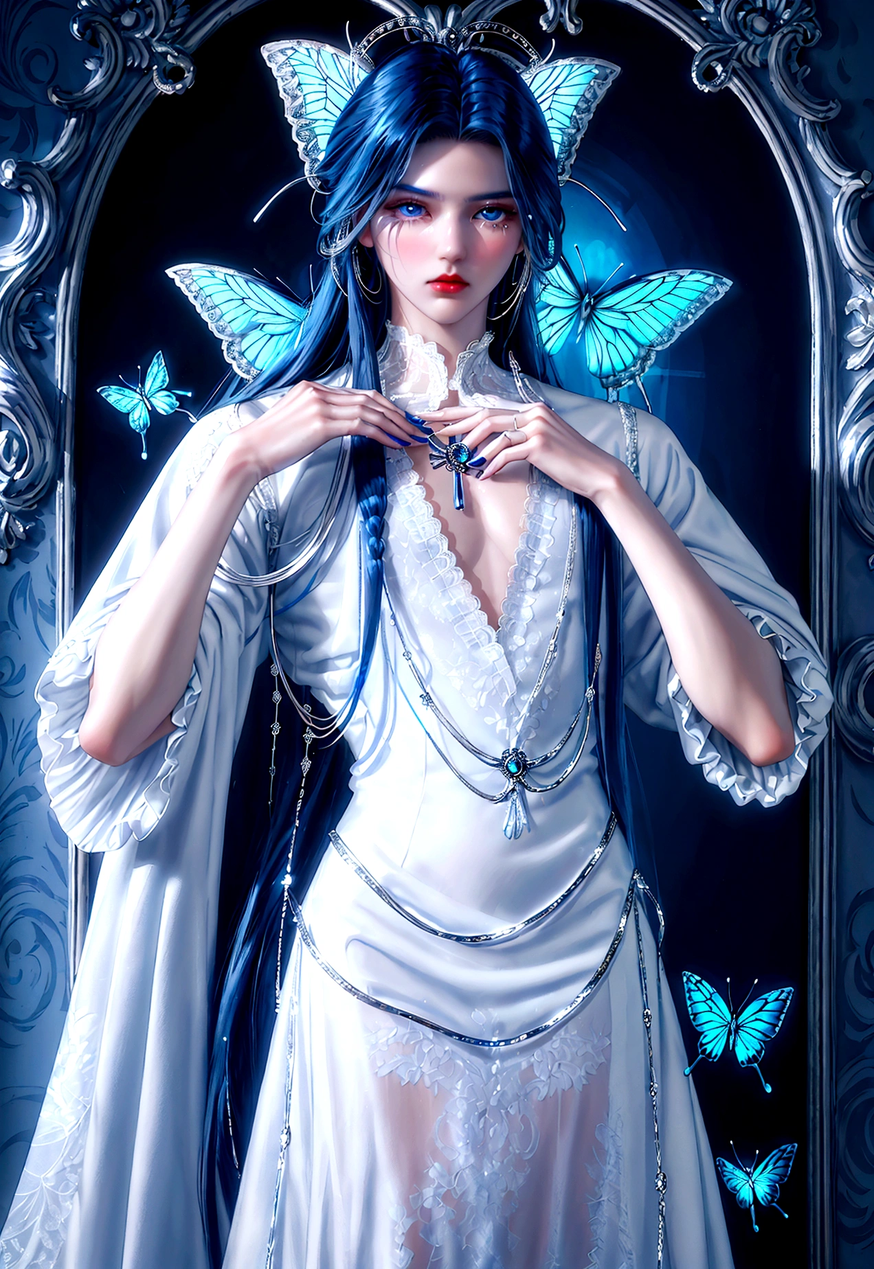 (masculine) (man) (man de Navy blue hair muy largo) (long hair de color azul marino ) (long hair) (Navy blue hair) (blue eyes) (monoculo) (silver monocle) (elegant white clothes with lace) (silver lace) (porcelain, piel de porcelain) (marked doll joints) (butterflies alrededor) (butterflies) (detalles silver) (silver) (doll pose)