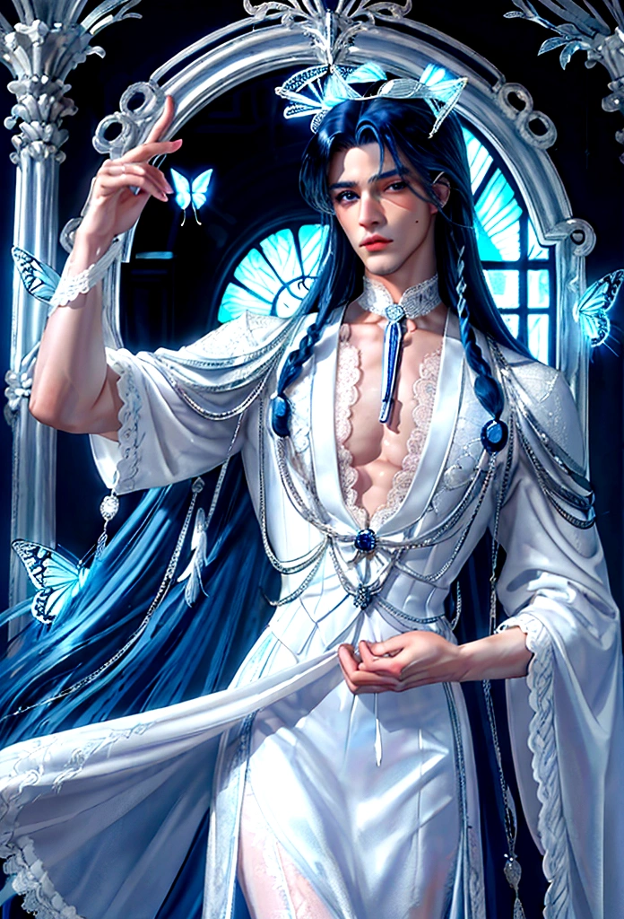 (masculine) (man) (man de Navy blue hair muy largo) (long hair de color azul marino ) (long hair) (Navy blue hair) (blue eyes) (monoculo) (silver monocle) (elegant white clothes with lace) (silver lace) (porcelain, piel de porcelain) (marked doll joints) (butterflies alrededor) (butterflies) (detalles silver) (silver) (doll pose)