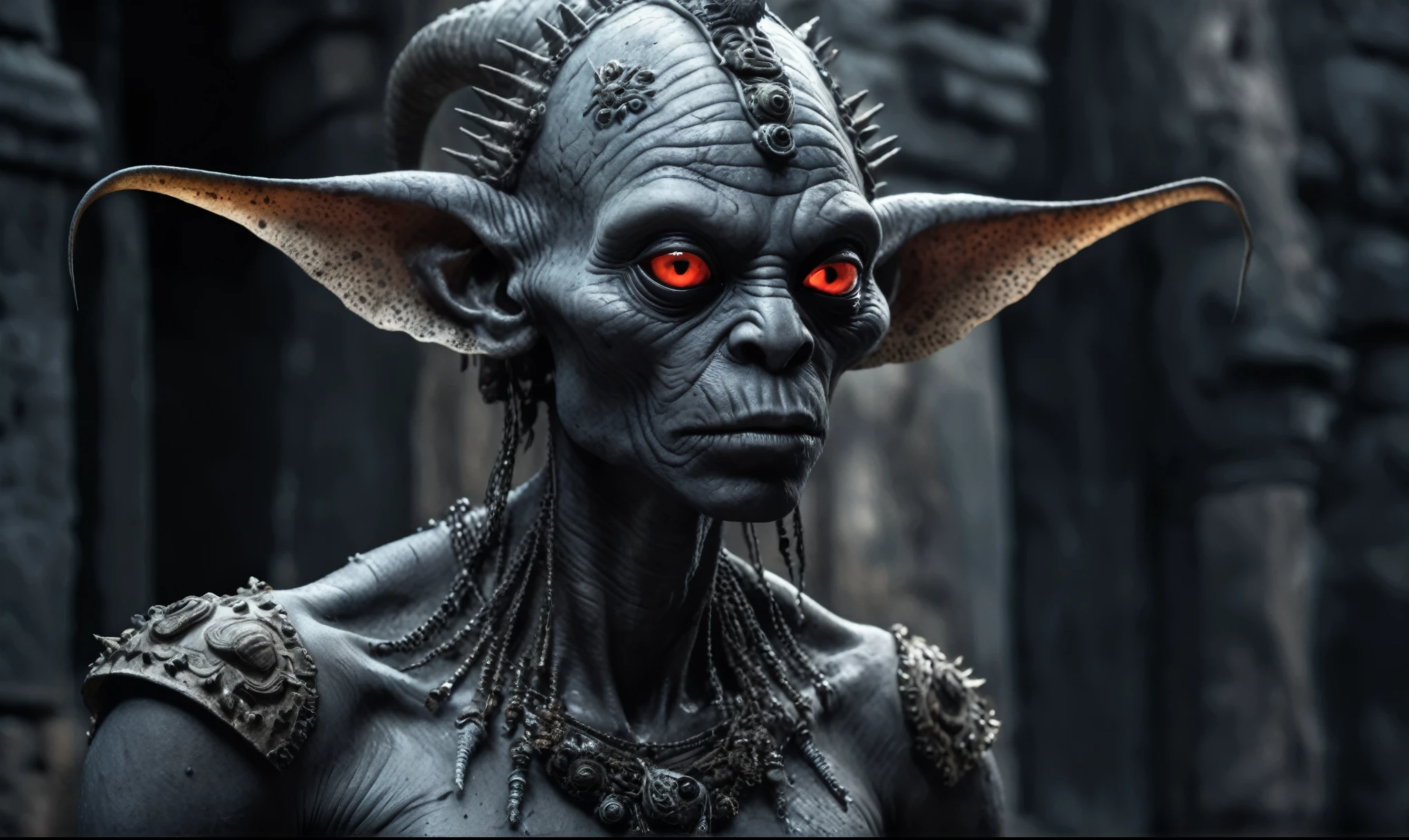 full body length shot,nerd graphite  Alien Entity,native africa slave ,nowadays azctec central city,Cinematic,soft colors, Technicolor,natural skin textures, hyper realism, hyper detailed,Extremely detailed,High contrast,Masterpiece,Realistic,Ultra Detailed, intricate details,realistic humid leather,extremely intricate details,Epic Realistic, cinematic style, irina yermolova,high contrast,hdr,extremely detailed, [deep night landscape],masterpiece, intricate details, eyes extremely detailed, high detailed eyes,8k resolution,retina, Nikon Z9,Korea,orc,Egypt, Pisces, transition between two art styles, Double contact, X-ray, Creative, vivid light, fantasy, Abstract, Surrealism, super detailed, high resolution,insanity national folk wear,skin  almost translucent, gothic elements, further emphasizing its dark air,Mestichino,Light particles,chaos,starfish's leather,Angkor Wat of Cambodia,"(The best lighting, dark, dramatic),(alien troll half-skull fetus, Hellraiser, Scars, , poison brain, , a rat inside the head, terror.),(Red eyes, calaveras). morning light.

