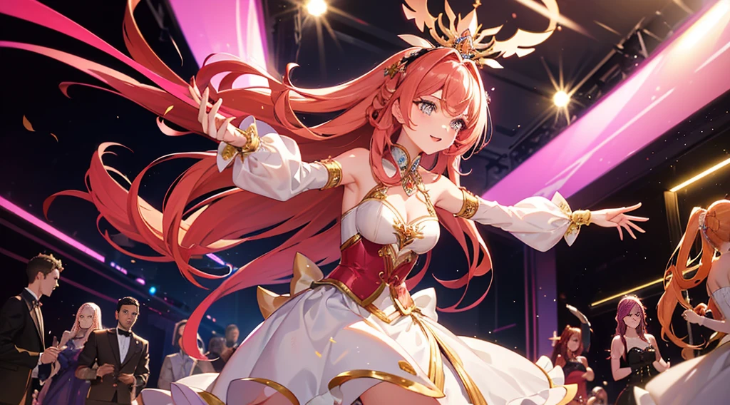 A stunning young woman with flowing chestnut hair streaked with vibrant pink, dressed in flashy nightclub attire, revels in music and dancing in a dimly lit club. This vivid depiction, reminiscent of a high-quality photograph, showcases her infectious energy and beauty as she moves gracefully amidst the pulsating lights and throbbing beats. Every detail, from the subtle highlights in her hair to the sparkle of her outfit, adds to the overall allure of the scene, making it a mesmerizing and captivating portrayal of nighttime entertainment