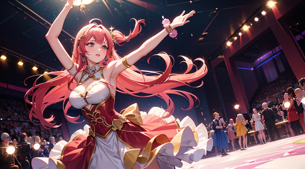 A stunning young woman with flowing chestnut hair streaked with vibrant pink, dressed in flashy nightclub attire, revels in music and dancing in a dimly lit club. This vivid depiction, reminiscent of a high-quality photograph, showcases her infectious energy and beauty as she moves gracefully amidst the pulsating lights and throbbing beats. Every detail, from the subtle highlights in her hair to the sparkle of her outfit, adds to the overall allure of the scene, making it a mesmerizing and captivating portrayal of nighttime entertainment