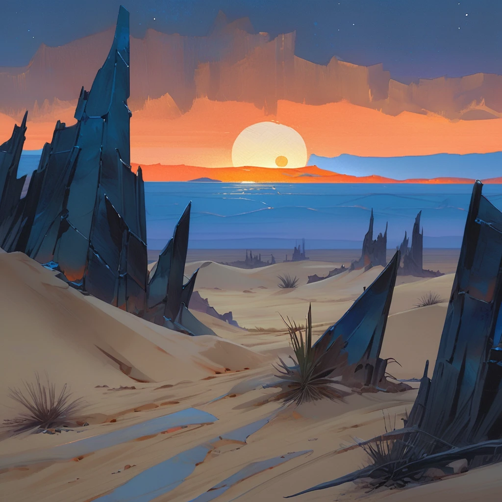 Old West, Desert, horizon, blue Night , from far, Oil paint,(only blue and black color palette), Giant glass shards in sand, spiky glass structures, sand dunes, dune, darkness, Scary, moon, Too dark, dimly lit, pitch, human corpse, dark night, no light, Dark sky, black sky, dark night, deep darkness 