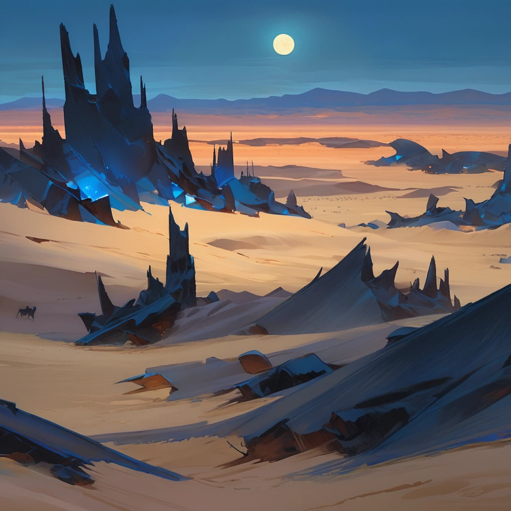 Old West, Desert, horizon, blue Night , from far, Oil paint,(only blue and black color palette), Giant glass shards in sand, spiky glass structures, sand dunes, dune, darkness, Scary, moon, Too dark, dimly lit, pitch, human , dark night, no light, Dark sky, black sky, dark night, deep darkness