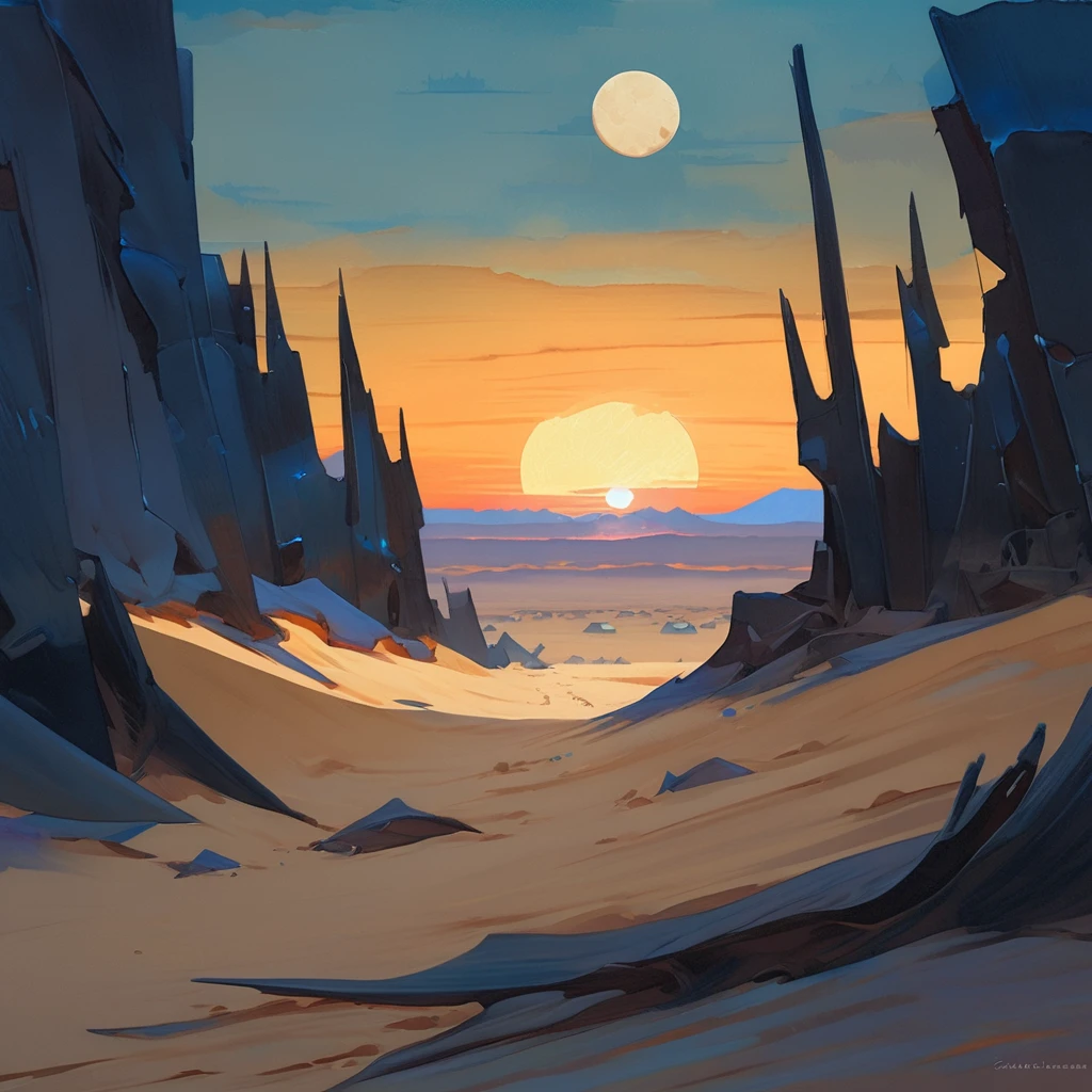 Old West, Desert, horizon, blue Night , from far, Oil paint,(only blue and black color palette), Giant glass shards in sand, spiky glass structures, sand dunes, dune, darkness, Scary, moon, Too dark, dimly lit, pitch, human , dark night, no light, Dark sky, black sky, dark night, deep darkness 
