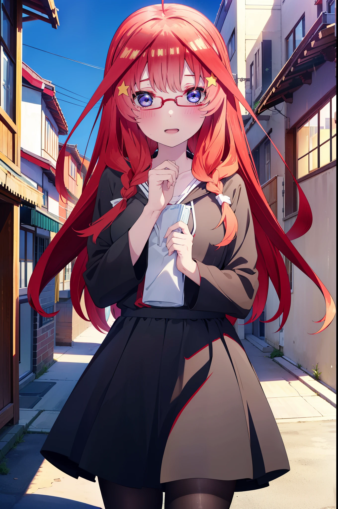 itsukinakano, itsuki nakano, bangs, blue eyes, Hair between the eyes, Ahoge, Redhead, star \(symbol\), hair ornaments, star hair ornaments,smile,blush,Open your mouth,Long braids,Red-rimmed glasses,Oversized red hoodie and long skirt,Black pantyhose,boots,Hiding in a roofed building,Daytime,Clear skies,whole bodyがイラストに入るように,
break outdoors, Alley,
break looking at viewer, whole body,
break (masterpiece:1.2), Highest quality, High resolution, unity 8k wallpaper, (figure:0.8), (Beautiful attention to detail:1.6), Highly detailed face, Perfect lighting, Highly detailed CG, (Perfect hands, Perfect Anatomy),