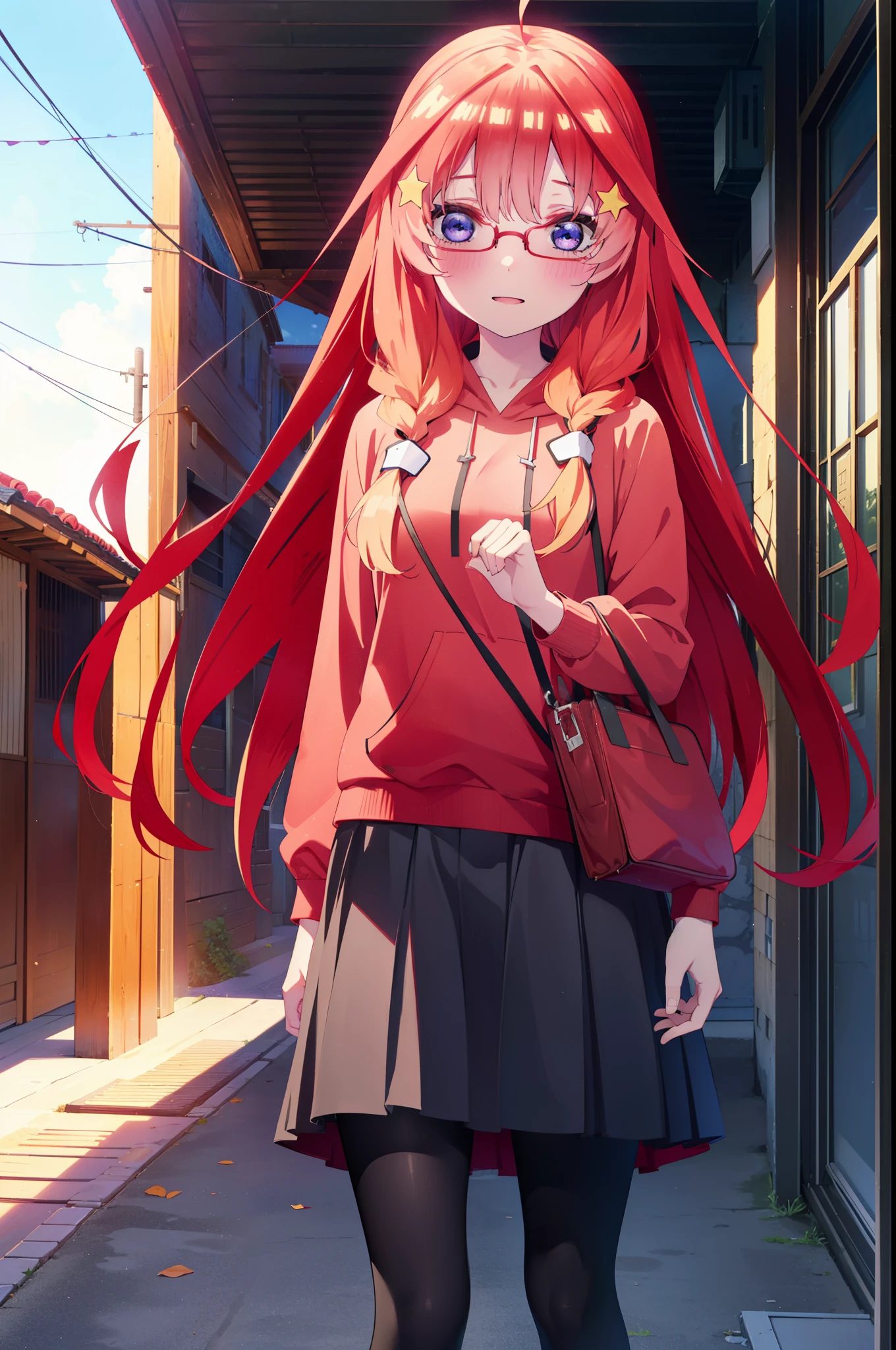 itsukinakano, itsuki nakano, bangs, blue eyes, Hair between the eyes, Ahoge, Redhead, star \(symbol\), hair ornaments, star hair ornaments,smile,blush,Open your mouth,Long braids,Red-rimmed glasses,Oversized red hoodie and long skirt,Black pantyhose,boots,Hiding in a roofed building,Daytime,Clear skies,whole bodyがイラストに入るように,
break outdoors, Alley,
break looking at viewer, whole body,
break (masterpiece:1.2), Highest quality, High resolution, unity 8k wallpaper, (figure:0.8), (Beautiful attention to detail:1.6), Highly detailed face, Perfect lighting, Highly detailed CG, (Perfect hands, Perfect Anatomy),