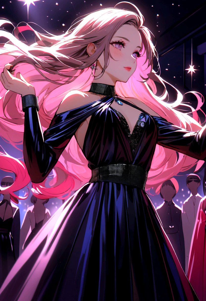 A stunning young woman with flowing chestnut hair streaked with vibrant pink, dressed in flashy nightclub attire, revels in music and dancing in a dimly lit club. This vivid depiction, reminiscent of a high-quality photograph, showcases her infectious energy and beauty as she moves gracefully amidst the pulsating lights and throbbing beats. Every detail, from the subtle highlights in her hair to the sparkle of her outfit, adds to the overall allure of the scene, making it a mesmerizing and captivating portrayal of nighttime entertainment