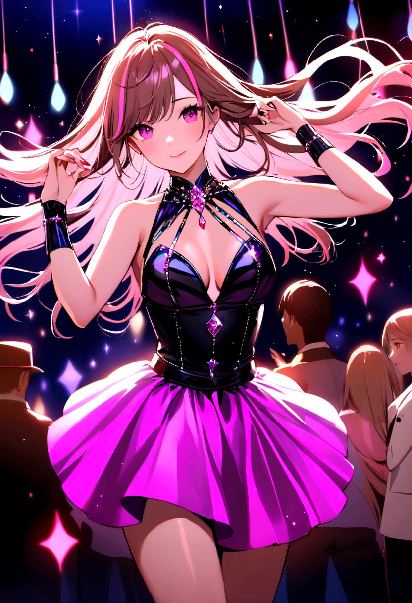 A stunning young woman with flowing chestnut hair streaked with vibrant pink, dressed in flashy nightclub attire, revels in music and dancing in a dimly lit club. This vivid depiction, reminiscent of a high-quality photograph, showcases her infectious energy and beauty as she moves gracefully amidst the pulsating lights and throbbing beats. Every detail, from the subtle highlights in her hair to the sparkle of her outfit, adds to the overall allure of the scene, making it a mesmerizing and captivating portrayal of nighttime entertainment