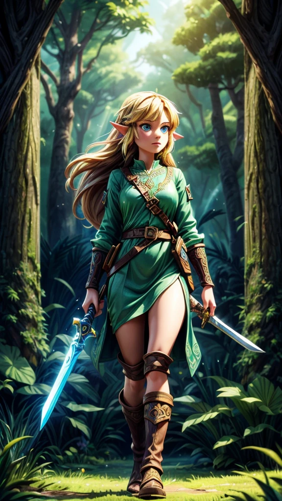 A detailed fantasy illustration of the Legend of Zelda, a young female protagonist with long hair and piercing blue eyes, wearing a green tunic and wielding a sword, standing in a lush, mystical forest landscape with towering trees and glowing magical elements, dramatic lighting, vivid colors, cinematic composition, intricate details, digital art