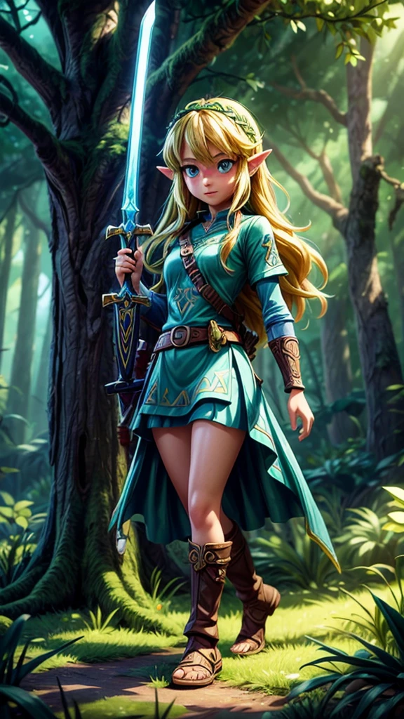 A detailed fantasy illustration of the Legend of Zelda, a young female protagonist with long hair and piercing blue eyes, wearing a green tunic and wielding a sword, standing in a lush, mystical forest landscape with towering trees and glowing magical elements, dramatic lighting, vivid colors, cinematic composition, intricate details, digital art