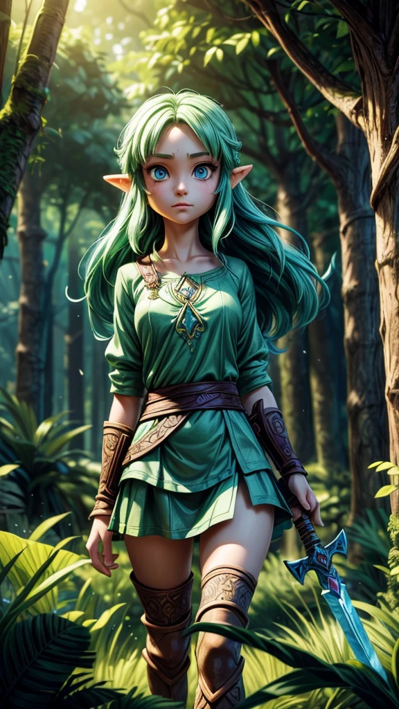 A detailed fantasy illustration of the Legend of Zelda, a young female protagonist with long hair and piercing blue eyes, wearing a green tunic and wielding a sword, standing in a lush, mystical forest landscape with towering trees and glowing magical elements, dramatic lighting, vivid colors, cinematic composition, intricate details, digital art