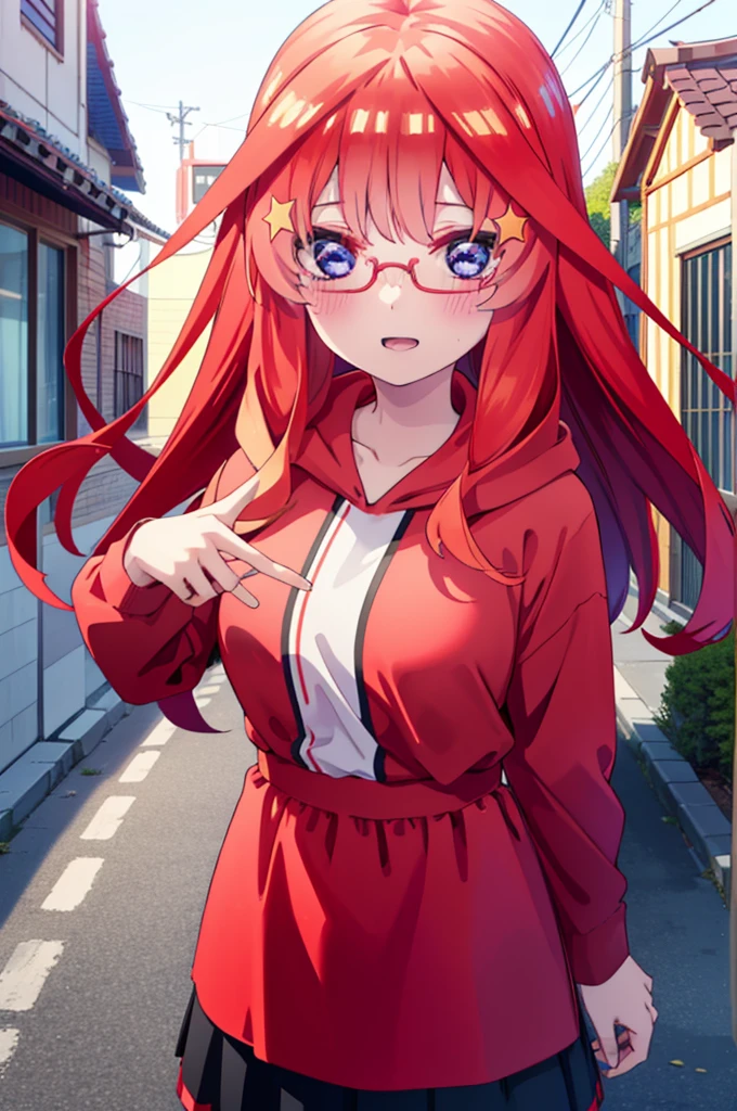 itsukinakano, itsuki nakano, bangs, blue eyes, Hair between the eyes, Ahoge, Redhead, star \(symbol\), hair ornaments, star hair ornaments,smile,blush,Open your mouth,Red-rimmed glasses,Oversized red hoodie and long skirt,boots,Hiding in a roofed building,Daytime,Clear skies,whole bodyがイラストに入るように,
break outdoors, Alley,
break looking at viewer, whole body,
break (masterpiece:1.2), Highest quality, High resolution, unity 8k wallpaper, (figure:0.8), (Beautiful attention to detail:1.6), Highly detailed face, Perfect lighting, Highly detailed CG, (Perfect hands, Perfect Anatomy),