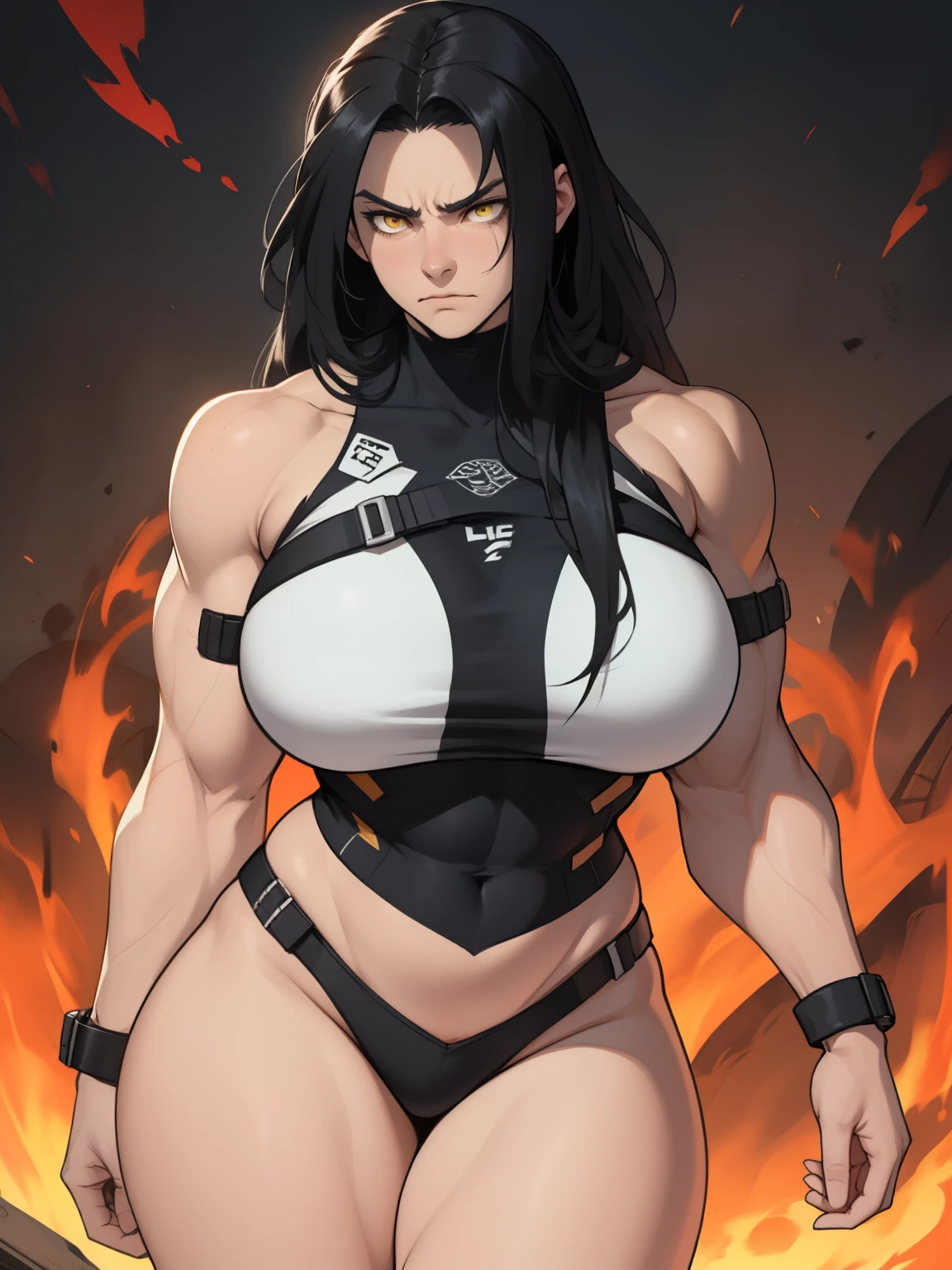 giant hair massive breasts huge muscles big thighs black hair yellow eyes pale skin angry sad girl thick as fuck long straight hair long straight hair