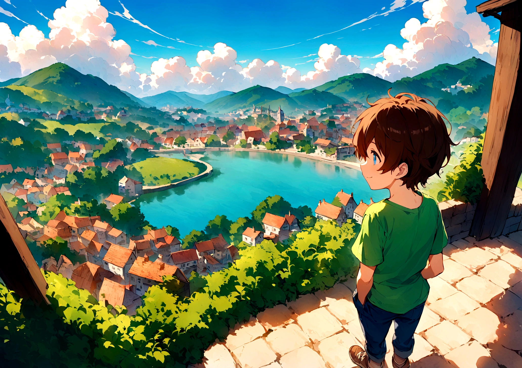 Jack is an eight-year-old boy with tousled brown hair and bright blue eyes. He wears worn-out blue jeans, a bright green t-shirt and sturdy brown sneakers.Jack is standing at a high point overlooking a picturesque village. From this vantage point, he can see rooftops, winding streets, and the peaceful countryside beyond. The village is nestled amidst rolling hills and surrounded by lush greenery. Jack's face shows a mix of awe and curiosity as he takes in the view, his eyes wide with wonder. The sky above is clear and blue, with a few fluffy clouds drifting lazily. Jack's posture is relaxed, with his hands in his pockets and a small smile on his face, enjoying the tranquility and beauty of the scene before him.
